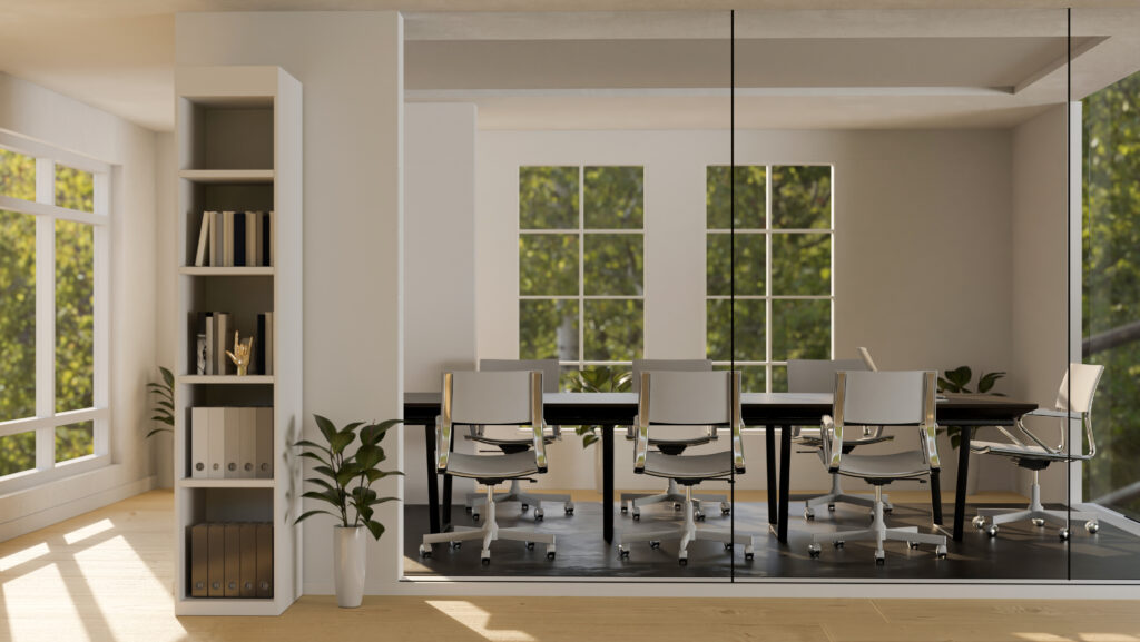 Modern minimal white office building interior design with modern meeting conference room through the glass wall. conference room, board room or meeting room interior. 3d rendering, 3d illustration